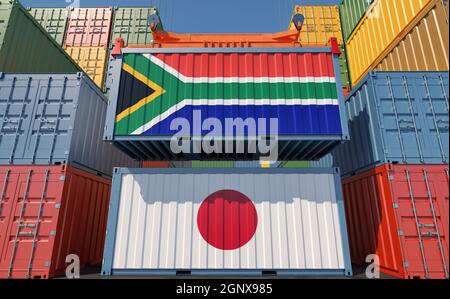 Freight containers with South Africa and Japan national flags. 3D Rendering Stock Photo