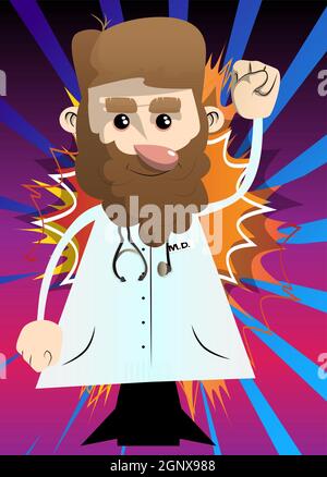 Funny cartoon doctor making power to the people fist gesture. Stock Vector