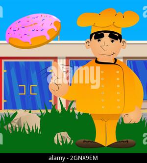 Fat male cartoon chef in uniform saying no with his finger. Stock Vector