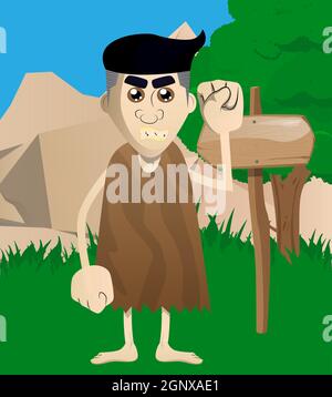 Prehistoric man making power to the people fist gesture. Stock Vector
