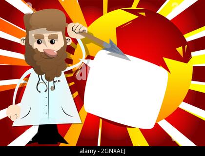 Funny cartoon doctor holding spear in his hand. Stock Vector