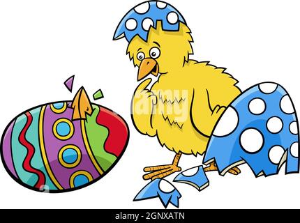 Easter chick hatched from coloered egg cartoon illustration Stock Vector