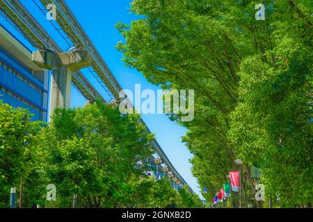 Tama Monorail and the fresh green. Shooting Location: Tokyo Tachikawa Stock Photo