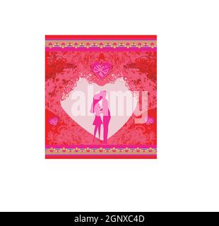 Happy valentines day card - hugging couple on the background of the heart Stock Vector