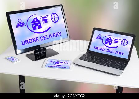 Drone delivery concept shown on different information technology devices Stock Photo