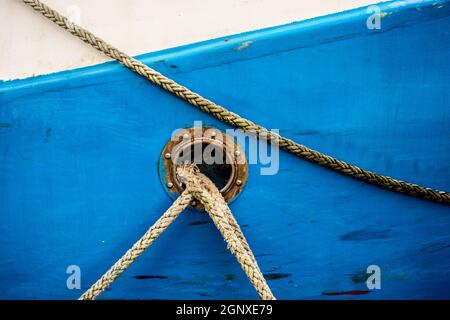 bulwark with mooring lines of a trawler Stock Photo