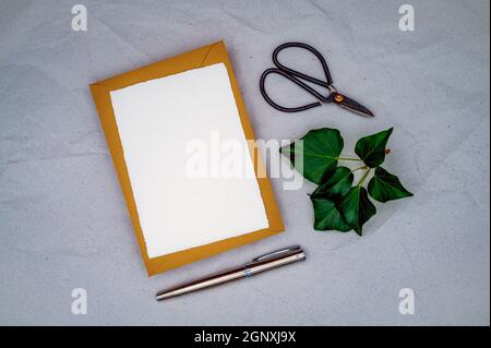 Flat Lay Blank Envelope Scissors Wrapping Paper Ribbons Christmas Gifts  Stock Photo by ©AntonMatyukha 218029978