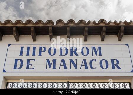 Manacor, Spain; september 25 2021: Poster of the municipal Hippodrome of the Majorcan town of Manacor written in Catalan language. Currently Covid-19 Stock Photo