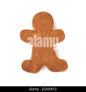 baked gingerbread man shaped isolated on white background, top view Stock Photo