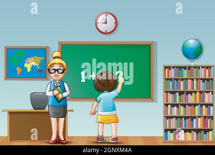 Female teacher with school girl in a classroom Stock Vector