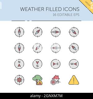 Weather and meteorology. Compass and natural disasters group. Color icon set. Filled vector illustration Stock Vector