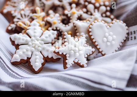 side view of gingerbread cookies on napkin Stock Photo