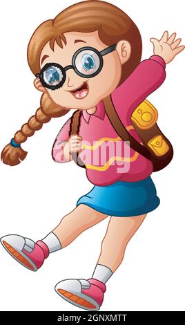 Cute school girl cartoon in glasses jumping Stock Vector
