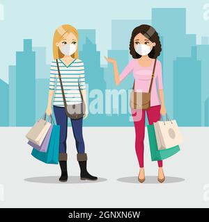 Friends shopping day with mask on a city background. Two happy women. People vector illustration Stock Vector