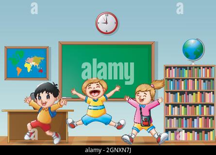 Happy school kids cartoon jumping in a classroom Stock Vector