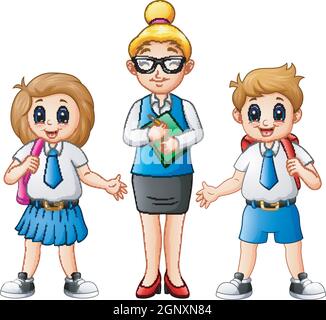 Cartoon female teacher and students in school uniform Stock Vector