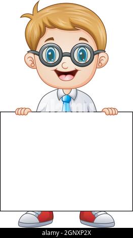 Cute boy holding blank board in cartoon style illustration Stock Vector ...