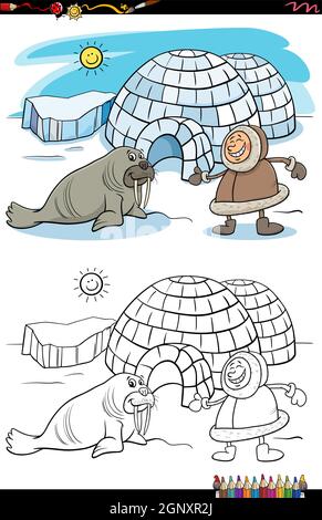 cartoon Eskimo with igloo and walrus coloring book page Stock Vector