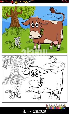 cartoon funny cow on pasture coloring book page Stock Vector