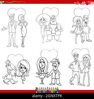 Valentine Day cartoon illustration love set with couples Stock Vector