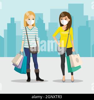 Friends shopping together with mask on a city background. Two women in the street. People vector illustration Stock Vector