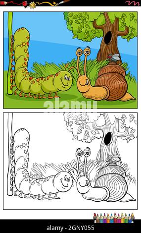 snail and caterpillar and fly characters cartoon coloring book page Stock Vector