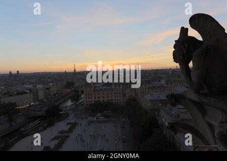 The Chimeras of Notre Dame watching the sunset in Paris Stock Photo