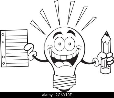 Black and white illustration of a light bulb holding a paper and pencil. Stock Vector