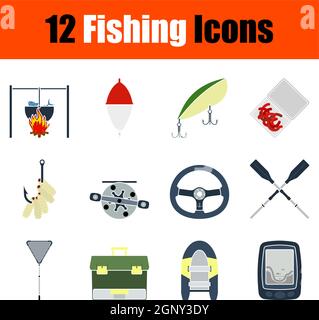 Fishing tools for the fisherman. Vector flat icons. Fishing as a