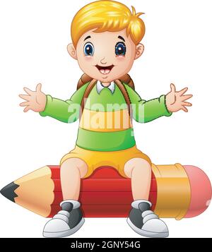 Happy boy sitting on the red pencil Stock Vector
