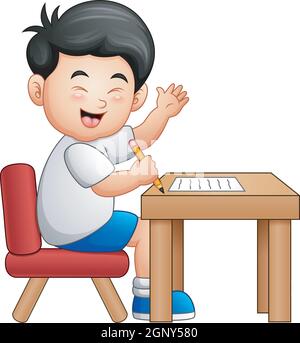 Cartoon boy learning at table giving thumbs up Stock Vector