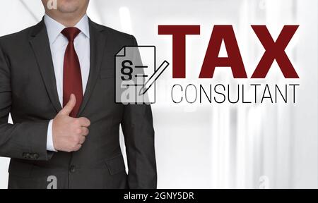 Tax consultant concept and businessman with thumbs up. Stock Photo