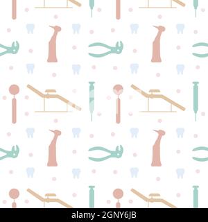 Dental care, Orthodontics Seamless Pattern with Line Icons. Dentist, Medical Equipment, Braces, Tooth Prosthesis, Floss, Caries Treatment, Toothpaste. Stock Vector