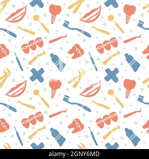 Dental care, Orthodontics Seamless Pattern with Line Icons. Dentist, Medical Equipment, Braces, Tooth Prosthesis, Floss, Caries Treatment, Toothpaste. Stock Vector