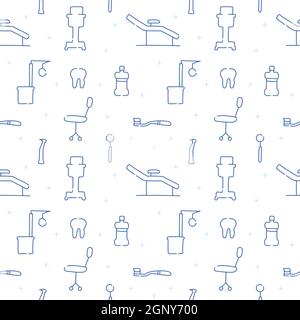 Dental care, Orthodontics Seamless Pattern with Line Icons. Dentist, Medical Equipment, Braces, Tooth Prosthesis, Floss, Caries Treatment, Toothpaste. Stock Vector