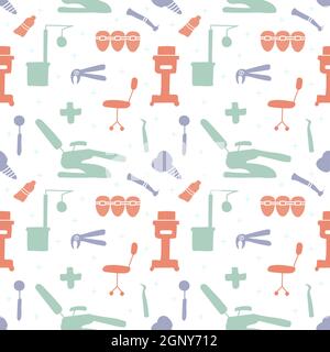 Dental care, Orthodontics Seamless Pattern with Line Icons. Dentist, Medical Equipment, Braces, Tooth Prosthesis, Floss, Caries Treatment, Toothpaste. Stock Vector