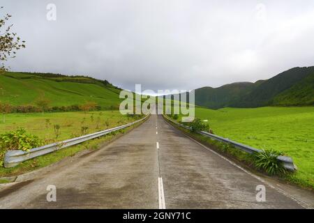 Empty roads in the countryside on the island of Saint Michael (Sao Miguel) in the Azores, Portugal Stock Photo