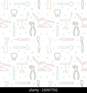 Dental care, Orthodontics Seamless Pattern with Line Icons. Dentist, Medical Equipment, Braces, Tooth Prosthesis, Floss, Caries Treatment, Toothpaste. Stock Vector