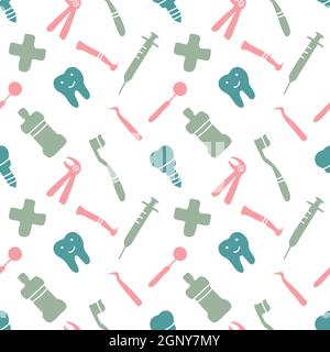 Dental care, Orthodontics Seamless Pattern with Line Icons. Dentist, Medical Equipment, Braces, Tooth Prosthesis, Floss, Caries Treatment, Toothpaste. Stock Vector