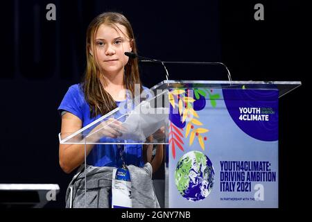 Milan, Italy. 28 September 2021. Greta Thunberg speaks during opening plenary session of the Youth4Climate pre-COP26 event. Credit: Nicolò Campo/Alamy Live News Stock Photo