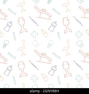 Dental care, Orthodontics Seamless Pattern with Line Icons. Dentist, Medical Equipment, Braces, Tooth Prosthesis, Floss, Caries Treatment, Toothpaste. Stock Vector
