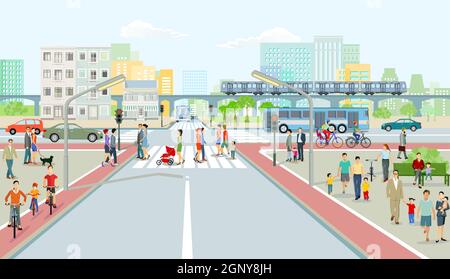 Road traffic and train traffic with people illustration Stock Vector ...