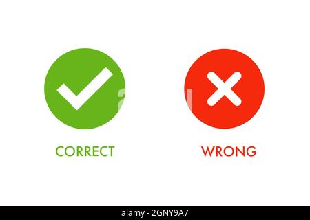 Green tick symbol and red cross sign in circle. Icons for evaluation quiz. Correct and wrong symbol. Stock Photo