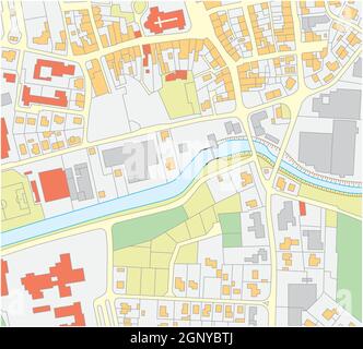 Imaginary cadastral map of an area with buildings and streets Stock Vector