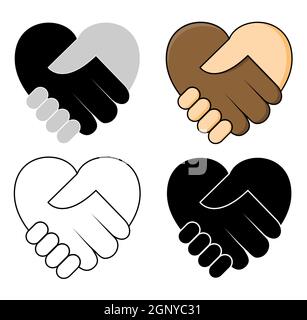 Shake hand in heart shape - No racism concept icon set. Two hands dark and fair skin in a handshake. Great for symbol of tolerance or teamwork between different ethnicity. Vector design. Stock Vector
