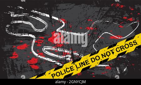 Crime scene with dead body and blood stains. Person chalk outline drawing on the asphalt. Grunge background with yellow tape with text 'police line do not cross'. Great for violence placard or banner. Stock Vector