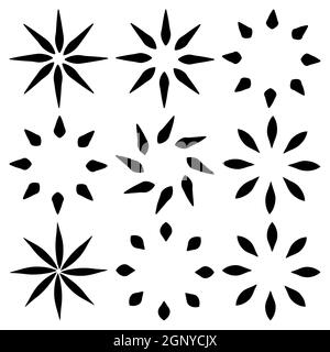 Geometric flower or leaf icon set. Black abstract simple concentric floral pattern. Vector design element isolated on white background. Stock Vector