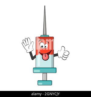 Syringe cartoon character. Medical equipment cute comic icon. Symbol of vaccine against covid-19. Funny vector design isolated on white background. Stock Vector