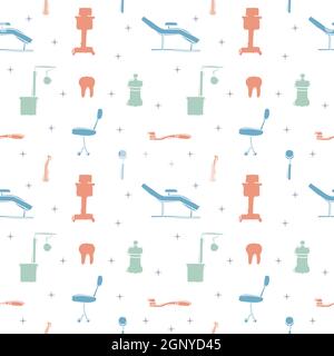 Dental care, Orthodontics Seamless Pattern with Line Icons. Dentist, Medical Equipment, Braces, Tooth Prosthesis, Floss, Caries Treatment, Toothpaste. Stock Vector