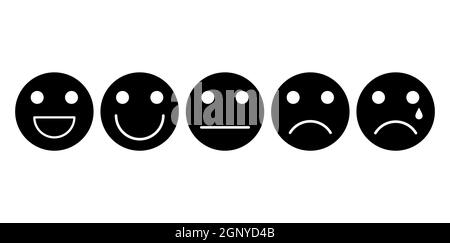 Emoji face black icon set. Customer rating satisfaction. 5 basic emotions for feedback survey. Happy, smile, neutral, sad, bad. Vector illustration isolated on white background. Stock Vector